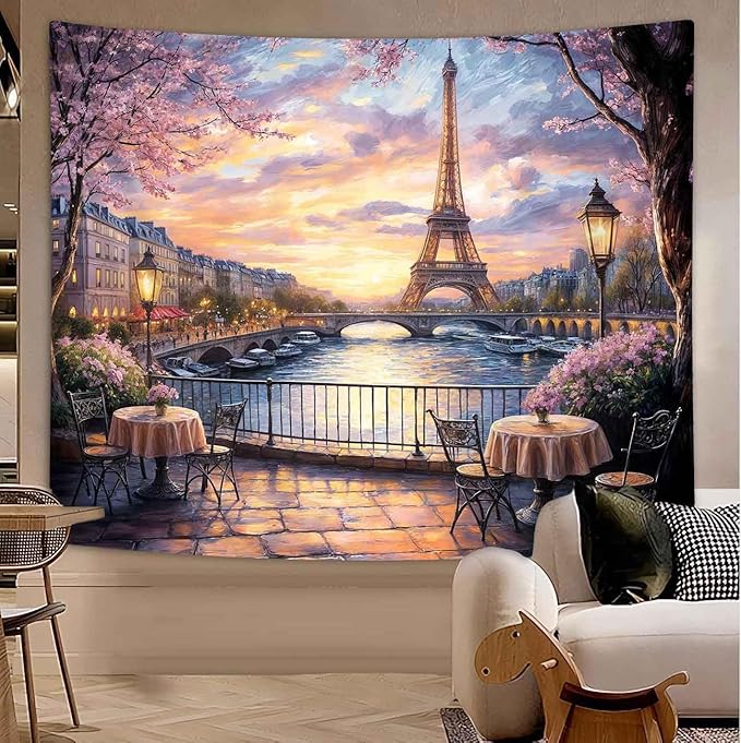 MCKTOM Eiffel Tower Tapestry French Landscape Paris Decor for Bedroom Living Room Dorm 60" X 40" Romantic City Scenery Wall Art Hanging Tapestries Party Decorations