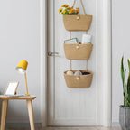 TeoKJ Over the Door Hanging Baskets with Wooden Button, 3-Tier Woven Cotton Storage Organizer Bag, Wall-Mounted with Hook Decorative Hanging Nursery Baskets, Jute
