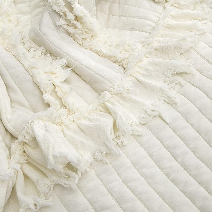 Pre-Washed Ultra Soft Quilted Cream King Size Blankets for Bed, Ruffle Fringed Chic Boho Decorative Throw, Stone Washed Blanket for Sofa Couch Bed 104"x90"