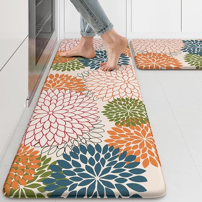 Kitchen Rugs and Mats Cushioned Anti Fatigue Kitchen Mat 2PCS Non-Skid Waterproof Kitchen Runner Rug Comfort Foam Standing Mat for Floors,Office,Laundry,Sink,Floral