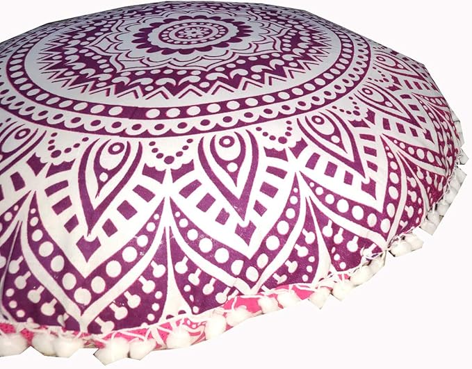 INDIAN CRAFT CASTLE 24" Pink Ombre Mandala Barmeri Large Floor Pillow Cover Cushion Meditation Seating Ottoman Throw Cover Hippie Decorative Zipped Bohemian Pouf Ottoman Pom Pom Cases 24" Round