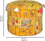 Aakriti Gallery Indian Pouf Footstool - Ethnic Embroidered Ottoman Pouf Cover, Cotton Round Pouffe - Yellow, 22x14