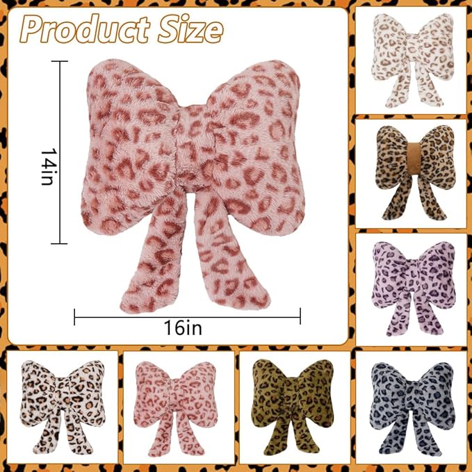 2Pcs Leopard Print Bow Throw Pillow Furry Bow Plush Pillows Cute Flower Plush Pillow Cheetah Home Decor Stuffed Bow Lumbar Pillow for Bed Couch Living Room Decor (Pink, 16in)