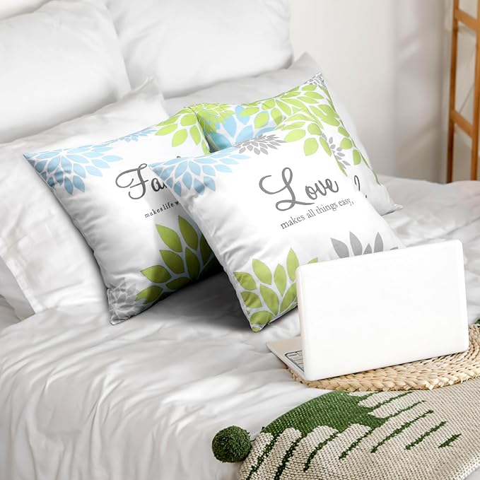 Tatuo 4 Pcs Flower Pillow Covers Square Spring Pillow Cushion Cases 18 x 18 Inch Family Faith Hope Love Words Decorative Summer Winter Cushion Case for Bed Couch Sofa Living Room(Green Series)