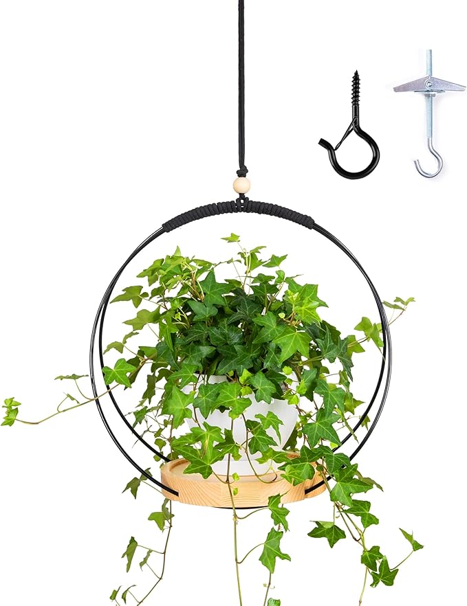 Plant Hanger Indoor - Macrame Hanging Plant Holder for Ceiling, Decorative Hanging Planter with Wooden Beads for Potted Plants, Hanging planters for indoor plants (Black,12.6in)