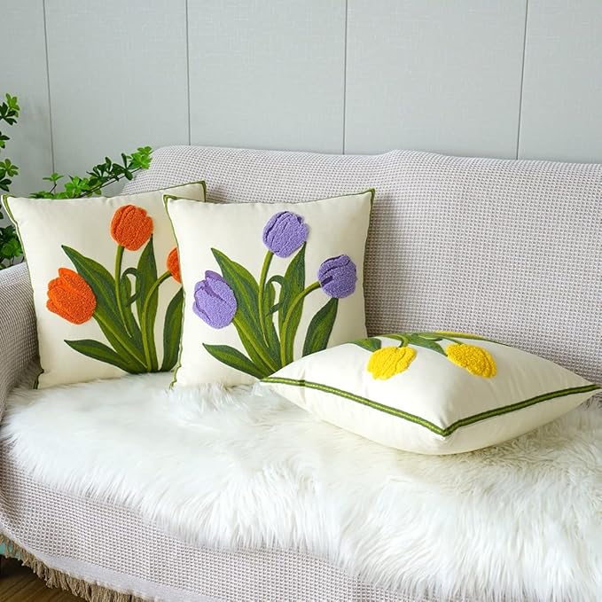 vctops Farmhouse Tulip Cotton Tufted Throw Pillow Cover Spring Floral Embroidery Pillowcase Soft Square Cushion Case for Sofa Couch Bed Chair (Yellow,18"x18")