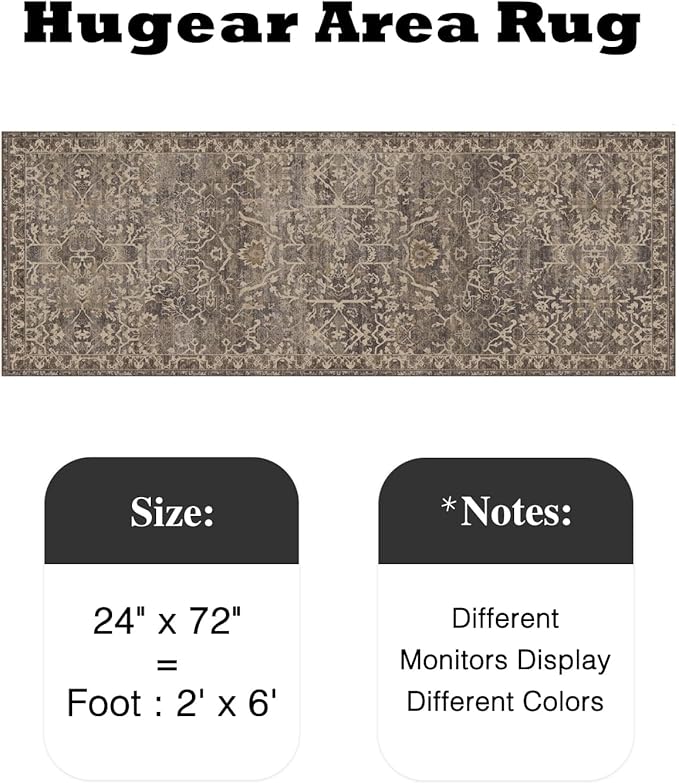 HUGEAR 2x6 Runner Rug Hallway Retro Brown Machine Washable Vintage Floral Low Pile Carpet Vacuumable Distressed Long Throw Rug Bedroom Office Bathroom Kitchen Laundry Non Slip Soft Lightweight