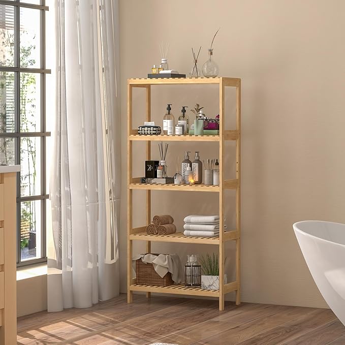 Bamboo Shelf,Bamboo Shelf Stand Utility Storage Shelf Multifunctional Bathroom Kitchen Living Room Holder Plant Flower Stand (5-Tier)