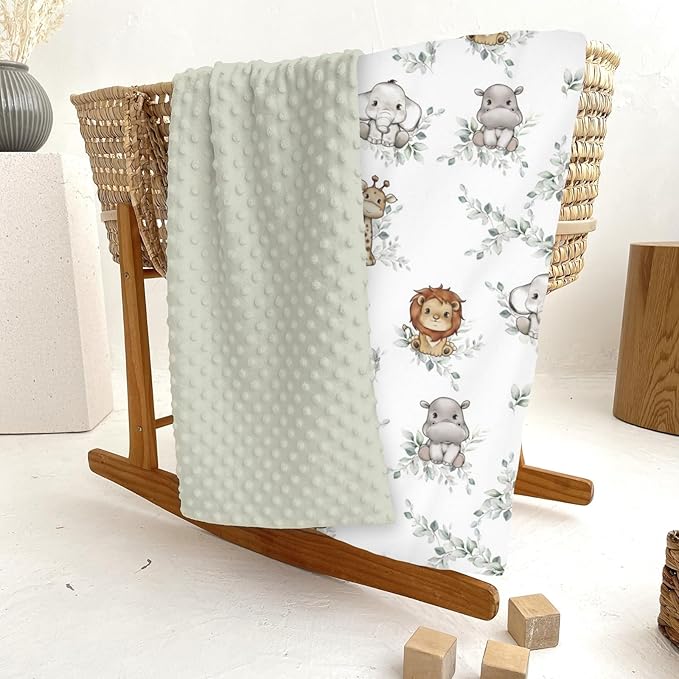 Cute Jungle Safari Animals Boho Leaves Baby Blankets for Girl Boy Lion Giraffe Elephant Zebra Soft Mink Dotted Backing Double Layer Swaddle Blanket Bed Throws for Newborn Infant Toddler Nursery 30x40