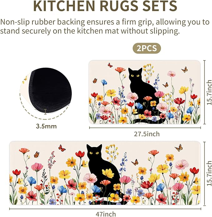 Cat Rugs for Kitchen Floor, Anti Fatigue Mats for Kitchen Floor Non Slip, 2PCS Rubber Kitchen Mat, Washable Cushioned Carpet Rug for Sink Laundry Gifts for Christmas 15.7"×27.5" +15.7"×47" 3.5mm