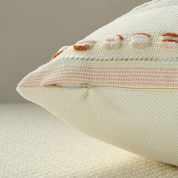 FUTEI Rust Beige Decorative Throw Pillow Covers 20x20 Inch Set of 2, Soft Tufted Striped Textured Accent Cushion Case,Boho Pillows for Couch Decor