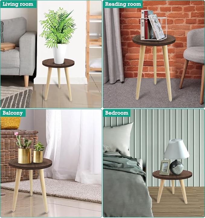 10IN Tall Plant Stand Holder for Indoor Planters, Mid Century Small Round Wood Table for Living Room Corner Floor