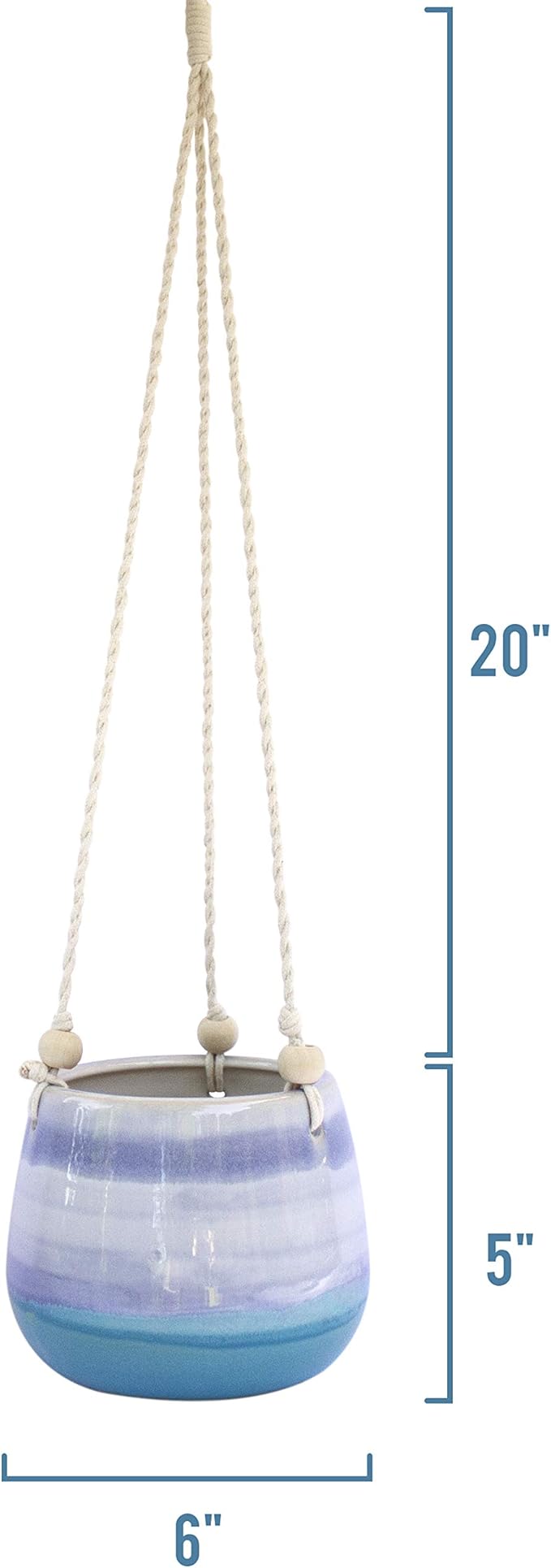 23 Bees Ceramic Hanging Planter | Blue Succulent Pot | Round Plant Holder Container | Cactus Pot with Cotton Rope Hanger | Indoor Outdoor Decor | 6" Diameter x 5" Height | 1 Pack x Blue Horizon