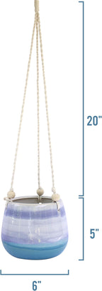 23 Bees Ceramic Hanging Planter | Blue Succulent Pot | Round Plant Holder Container | Cactus Pot with Cotton Rope Hanger | Indoor Outdoor Decor | 6" Diameter x 5" Height | 1 Pack x Blue Horizon