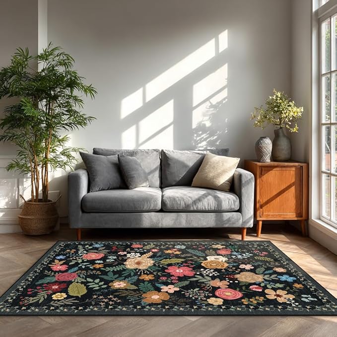 6x9 Area Rug, Floral Rugs for Living Room, Stain-Resistant Washable Bedroom Rug, Non-Slip Area Rugs for Dining Room Under Table, Indoor Carpet for Home Office (6 x 9 Black)
