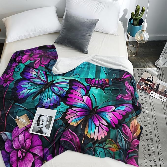 Butterfly Neon Throw Blankets for Women Farmhouse Blue Purple Colorful Butterflies Fleece Bed Blankets Ultra Soft Warm All Season Decorative Fleece Blankets for Chair Car Sofa Couch 70"X80"