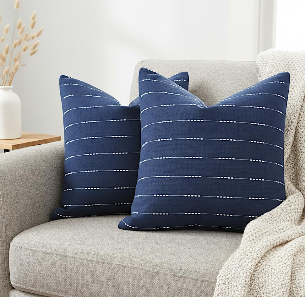 Navy Blue Pillow Cases 20 x 20 inches/Cotton Woven Stripe Pattern Contemporary Luxury Cushion Covers/Simple Throw Modern Pillow Covers for Living Room Sofa, Couch, Bed, Set of 2 - color: Blue, size: 20" x 20" (Pack of 2)