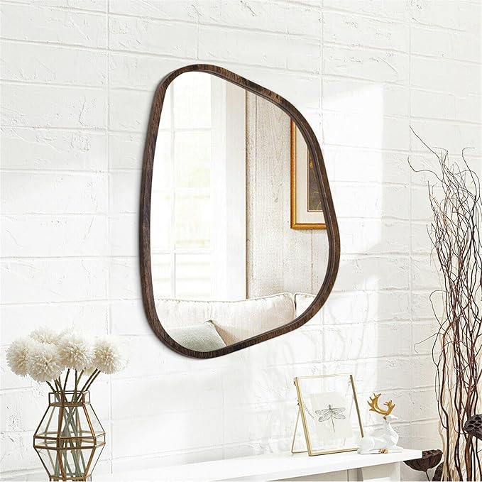 Asymmetrical Mirror Irregular Oval Wall Mirror Modern Wood Frame Unique Shape Wall Mounted Vanity Artistic Mirror Decorative for Living Room Bedroom Bathroom Entryway Hallway 20"x16"