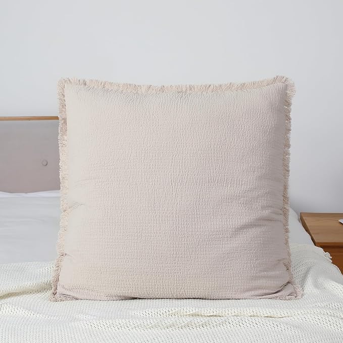 YINFUNG Quilted Euro Shams Set of 2 Natural Beige Linen Muslin Cotton Farmhouse Neutral 26×26 European Pillow Cover Oatmeal Tassel Fringe Boho Decorative Textured Gauze Suqare for Bed Sofa Light Brown