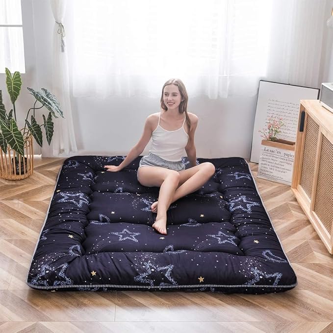 MAXYOYO Japanese Futon Mattress Floor Mattress Sleeping Pad Foldable Bed Roll Up Camping Cushion Floor Lounger Bed Couches and Sofas Couch Topper, Moon and Star, Queen Size