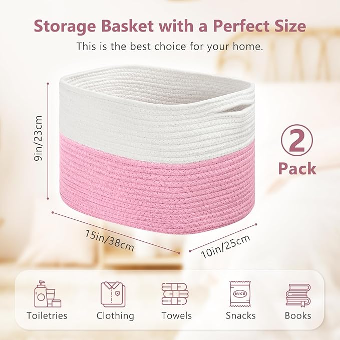 Cotton Rope Shelf Storage Basket, 15x10x9 in, Shelf Storage Baskets for Clothes, Towels, Books, Laundry (White/Pink, 2 Pack)
