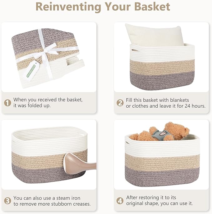 Cotton Rope Storage Basket, 15x10x9 Inches, Woven Basket for Shelves, Clothes, Towels, Books, and Laundry, White Blue (3 Pack)