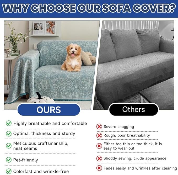 ROOMLIFE Blue Couch Cover Boho Sofa Covers for 3 Cushion Couch Washable, Furniture Protector Sofa Couch Cover for Dogs, Soft Breathable Sofa Slipcover, Couch Throw Blankets with Tassels 71''X134''