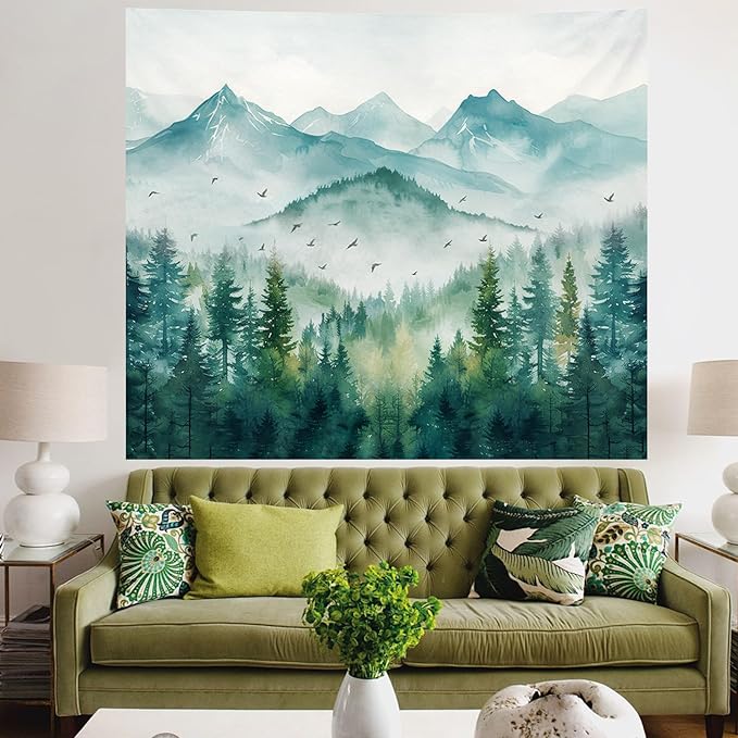 Atrippy Forest Mountain Nature Tapestry, Misty Foggy Sage Green Landscape Tapestries Wall Hanging, Tree Aesthetic for Bedroom Living Room Backdrop Decor 51x60 Inch