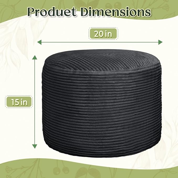 Round Corduroy Ottoman Foot Rest Pouf for Living Room Couch - Soft Plush Shredded Foam Filled Hassock Stool, Comfy Footstool