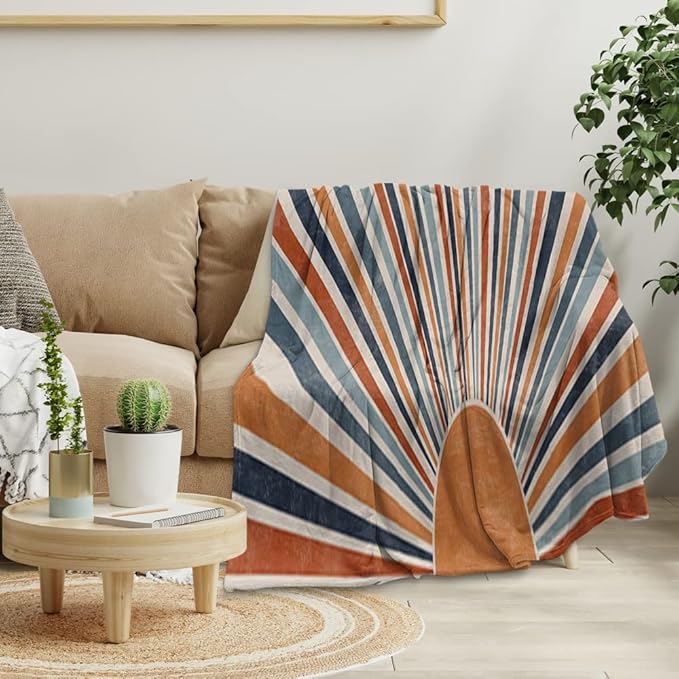 Boho Colorful Sunrise Throws Blankets Abstract Mid Century Modern Throw Blanket Minimalist Sun Boho Leaves Aesthetic Soft Warm Bed Bedding Women Blankets for Couch Bedroom Office 70"x80"