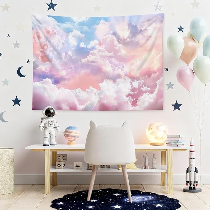 HVEST Cute Pink Cloud Tapestry Dreamy Sky Large Tapestry Wall Hanging for Bedroom Ceiling, Living Room, Aesthetic Backdrop for Girls Bedroom, Birthday, Apartment, Dorm Pink Room Decor,92.5x70.9 Inch