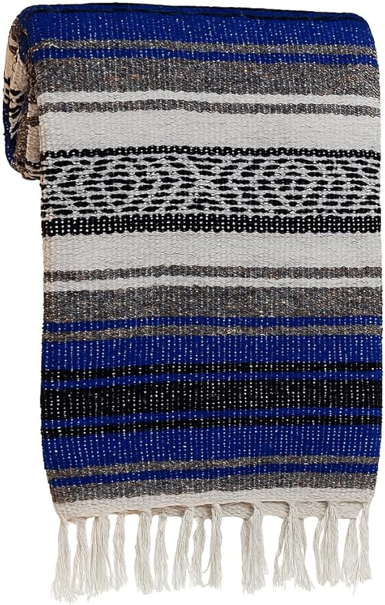 Large Mexican Blanket in Royal — Handcrafted Serape Falsa Yoga Blanket (73” x 48”) – Durable Throw for Camping, Beach & Outdoor Use – Artisan Craft, Made in Mexico from Recycled Fibers