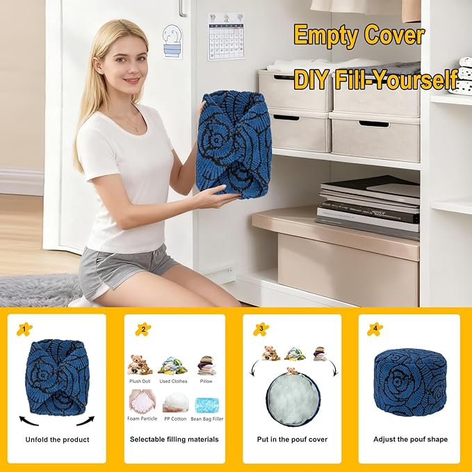 Asuprui Fluffy Flower Pouf Ottoman Cover Only – 20"x14" Round Plush Fuzzy Pouf Shell for Footrest, Stool or Floor Seat, Soft Removable Home Decor (No Insert Included) (Navy Blue)