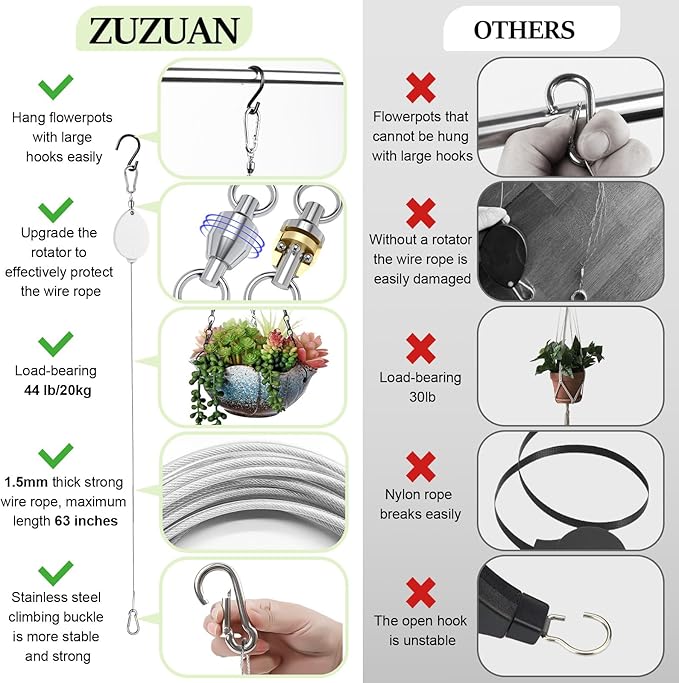 2026New 2Pcs Retractable Plant Hanger with Leaf Texture,44Lbs Load Capacity,Auto Lock,Adjustable Hook for Hanging Plants,Bird Feed,Wind Chimes,Garden Pots,Rust-Proof Stainless Steel,White