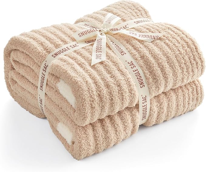 Snuggle Sac Queen Size Blanket for Bed, Soft Luxurious Bedding Blankets, Large Fuzzy Plush Microfiber Blankets, Beige, 90x90 inches