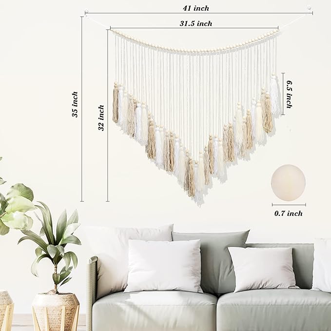 Luxbrand Macrame Wall Hanging Cream and Beige, Boho Bedroom décor, Large Tassel Bohemian Wall Décor for Living Room Girls Room Dorm Room Nursery Decoration Christmas Gift, 41" W x 32" H