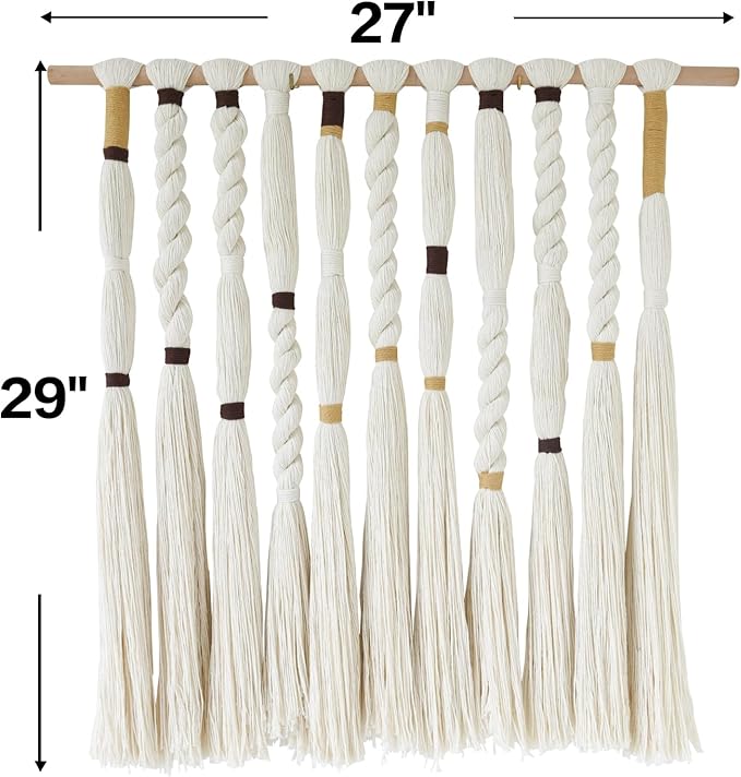 Flber Macrame Wall Hanging Woven Knot and Tassel Fringe Handmade Boho Wall Art for Bedroom, Living Room, or Entryway Decor 27" W x 29" L