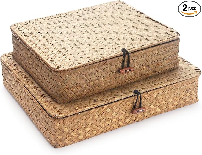 Seagrass Storage Baskets with Lid, Flat Wicker Basket, Shallow Woven Basket for Shelf, Decorative Storage Boxes for Organizing