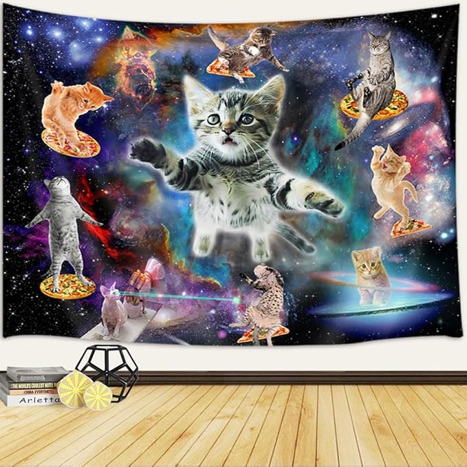 Cats Tapestry Wall Hanging, Cool Funny Kittens Starry Sky Nebula Galaxy Tapestry Milky Way Space Psychedelic Hippie Tapestry Wall Hanging Home Decor Dorm Livingroom Bedroom Wall Blanket, 80X60 Inches