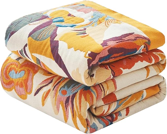 Boho Throw Blanket 60" x 80", 100% Organic Cotton Skin-Friendly Lightweight Ultra Soft Bed Quilt Throw - Spring Floral Butterfly Farmhouse Decor Blanket for Sofa Couch Chair and Gift.
