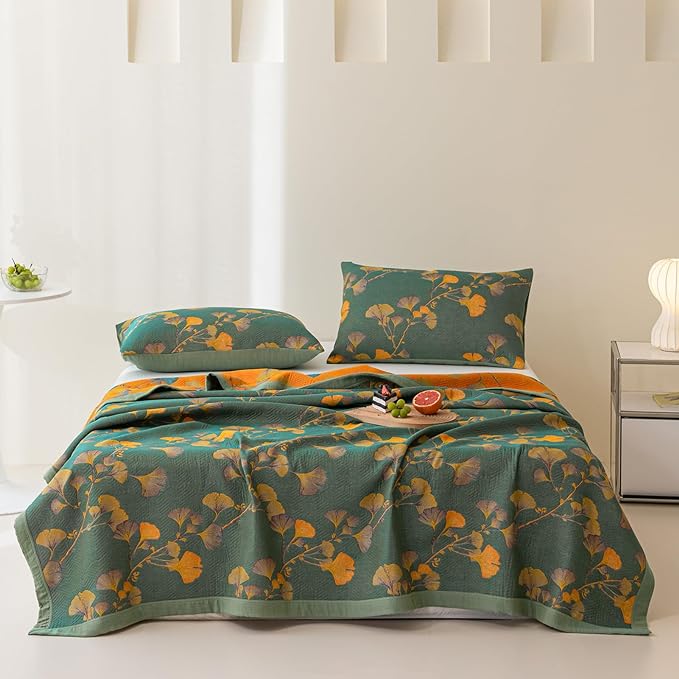 100% Cotton Jacquard Quilt Floral Ginkgo Leaves Print,Soft Muslin Bed Cover 3 Layers Reversible Bedspread Coverlet Breathable Lightweight Bedding,Full/Queen(78"x94"), No Pillow Sham