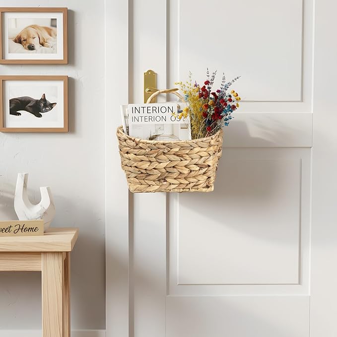 Hanging Wall Basket Handwoven Wicker Basket for Plants, Flowers & Storage, Rustic Farmhouse Wall Decor Organizer, Natural Water Hyacinth