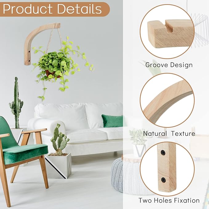Juexica 4 Pcs Plant Hanger Wooden, 8 Inch Hanging Plant Hooks for Indoors and Outdoor, Wall Mounted Hanging Hook Brackets for Planters Lanterns Wind Chimes and Bird Feeders Patio Decor(Wood Color)