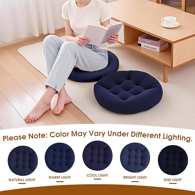 2Pcs Floor Pillows for Adults, Meditation Cushions, 22x22 Inch Large Round Sitting Cushion Living Room Memory Foam Pillow for Sitting (2, Navy, 22x22x4 Inch)