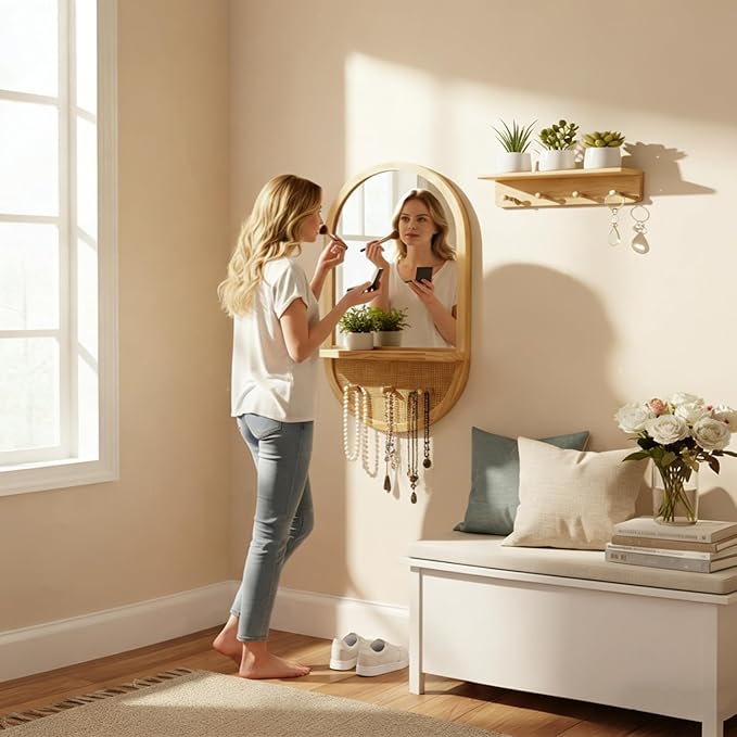 Wall Mirror with Hooks, 30x18 Inch Boho Wall Mirror with Removable Shelf, Oval Solid Wood Framed, Handmade Rattan Mirror Decor Accent for Entryway, Bathroom, Nursery, Bedroom, Living Room