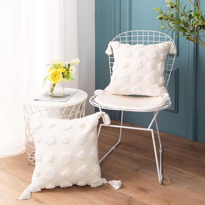 PLWORLD Boho White Throw Pillow Cover 18x18 Inch with Tassels, Pom Pom Tufted Decorative Cream Chenille Fabric Accent Textured Cushion Case for Bed Couch, 1 PC Cover Only No Insert