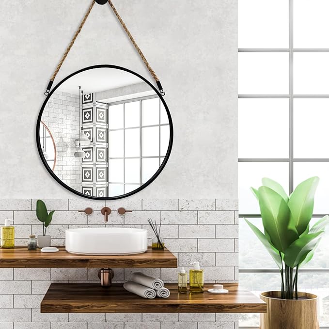 POZINO Round Hanging Mirror, 20" Rope Wall Mirrors Decorative, Black Metal Frame Circle Mirrors, Farmhouse Wall Mounted Mirrors for Bathroom, Bedroom, Living Room, Entryway, Home Decor