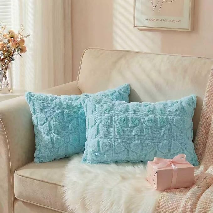 AVOIN colorlife Blue Spring Bow Throw Pillow Covers Set of 2, 12 x 20 Inch Coquette Aesthetic Room Decor Soft Plush Faux Fur Cushion Case for Girls Room
