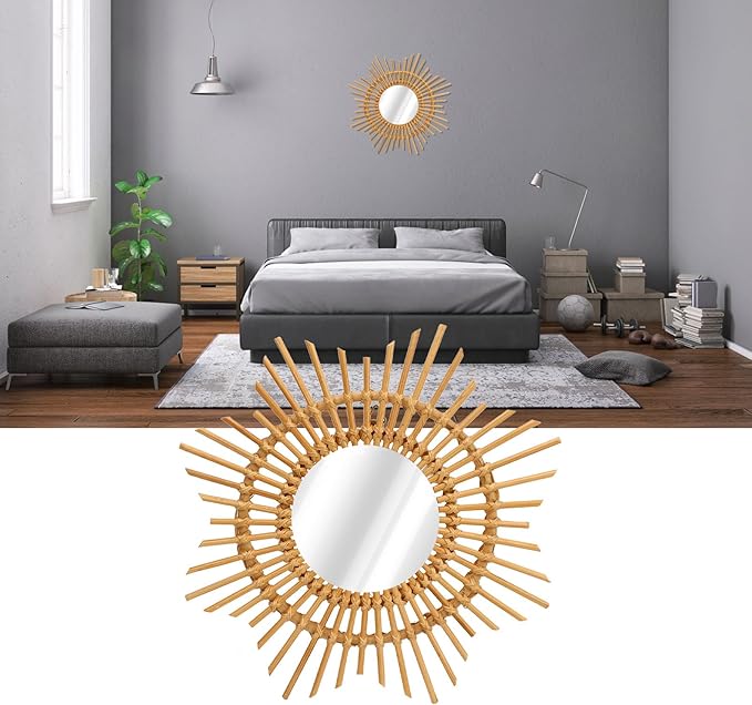 Tissting Natural Rattan Hanging Mirror,13.8 x 4.7in Boho Wall Mounted Mirror Star Shape Bohemian Hanging Glass Makeup Mirror Rustic Art Decoration Handwoven Mirror for Bedroom Living Room Hallway