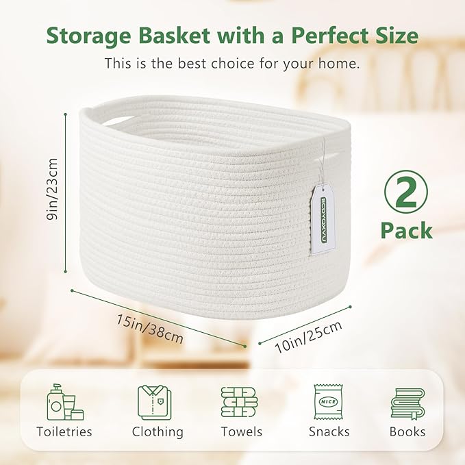 Cotton Rope Storage Basket, 15x10x9 Inches, Woven Basket for Shelves, Clothes, Towels, Books, and Laundry, White (2 Pack)